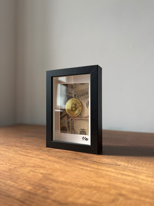 Digital Gold Frame by object100™ displayed in premium black wooden frame