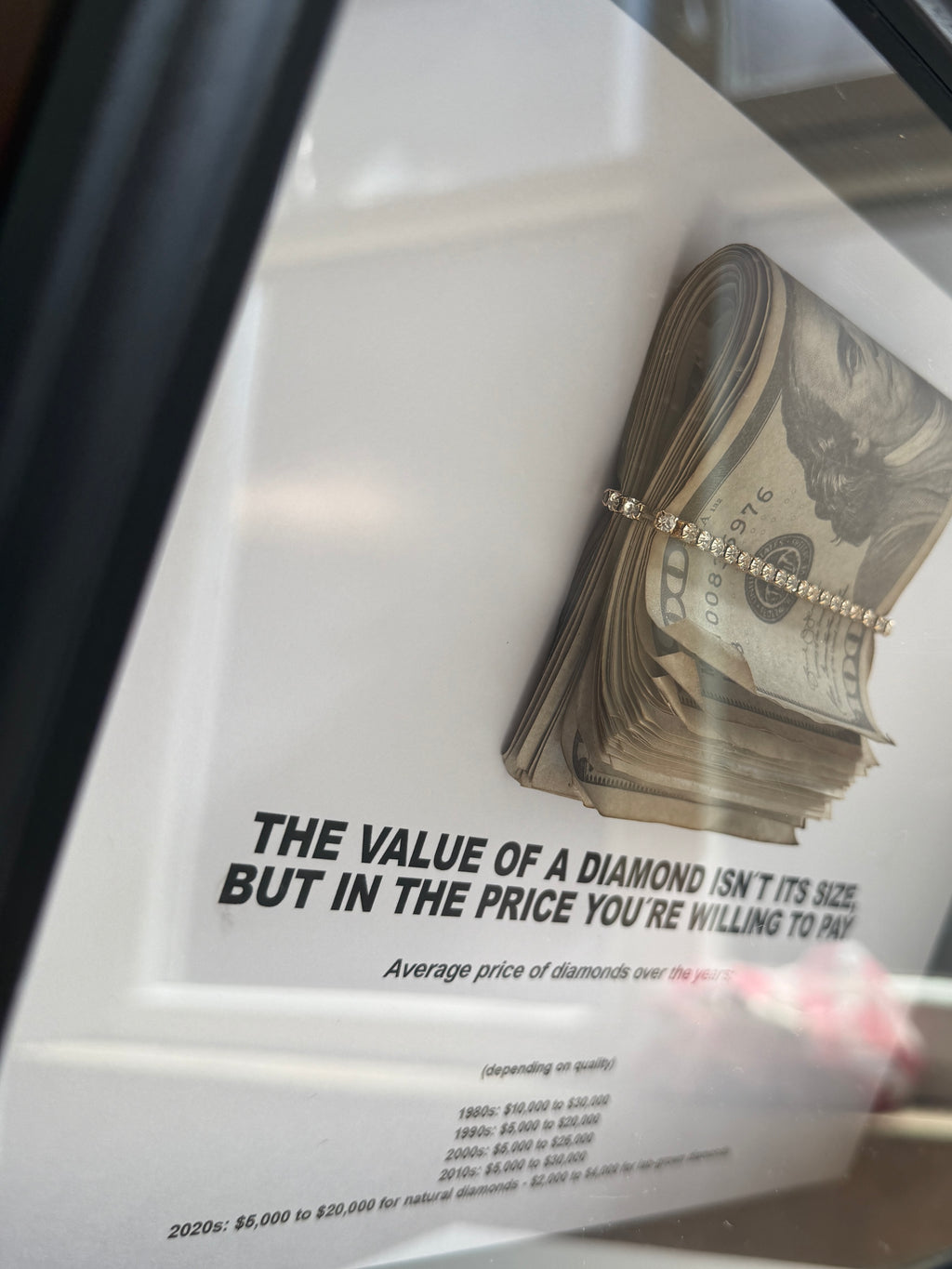Close-up of premium acrylic cover on object100™ In Case of Inflation – Diamonds Frame