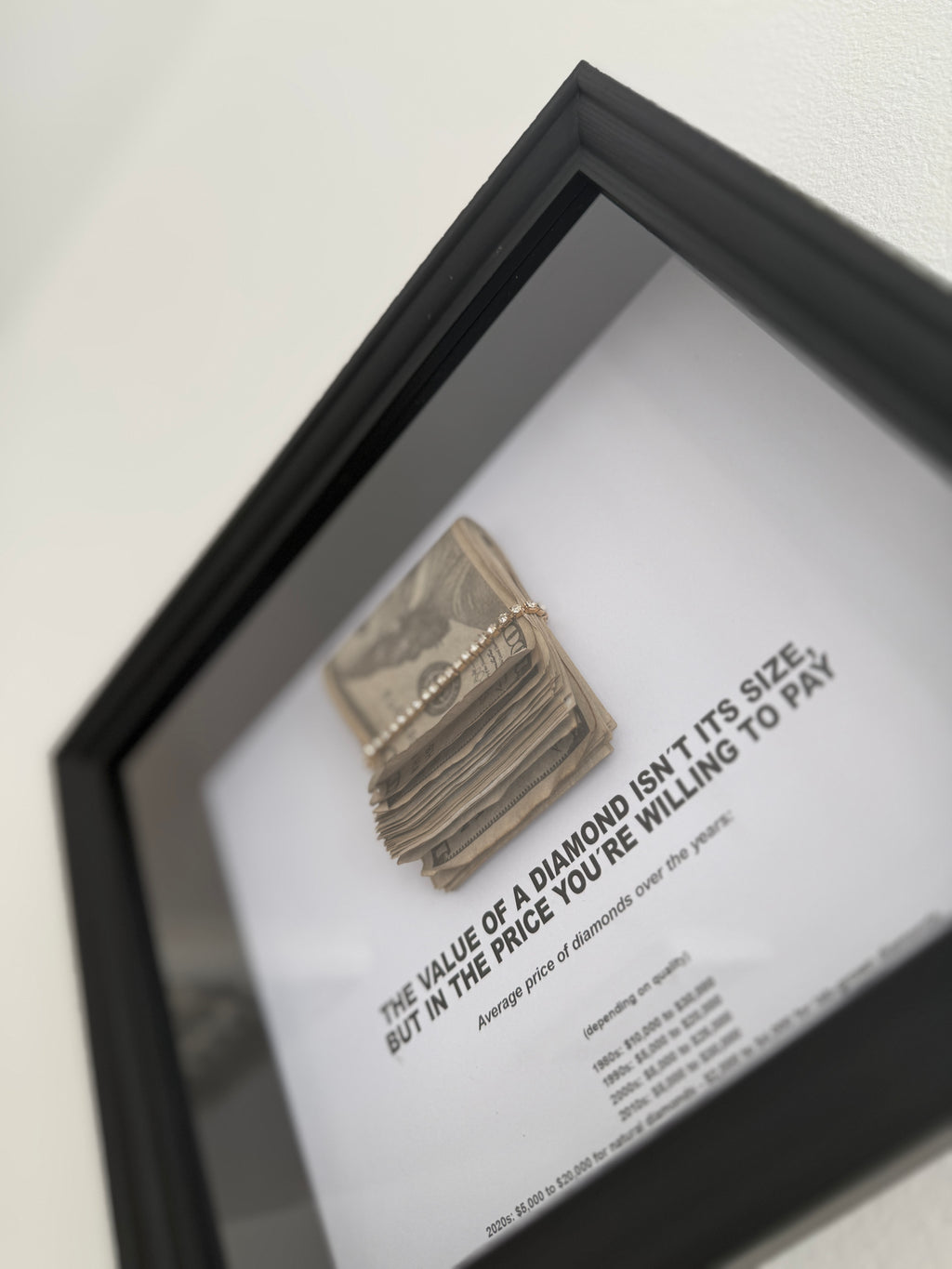 Angled view of object100™ In Case of Inflation – Diamonds Frame in black wooden frame
