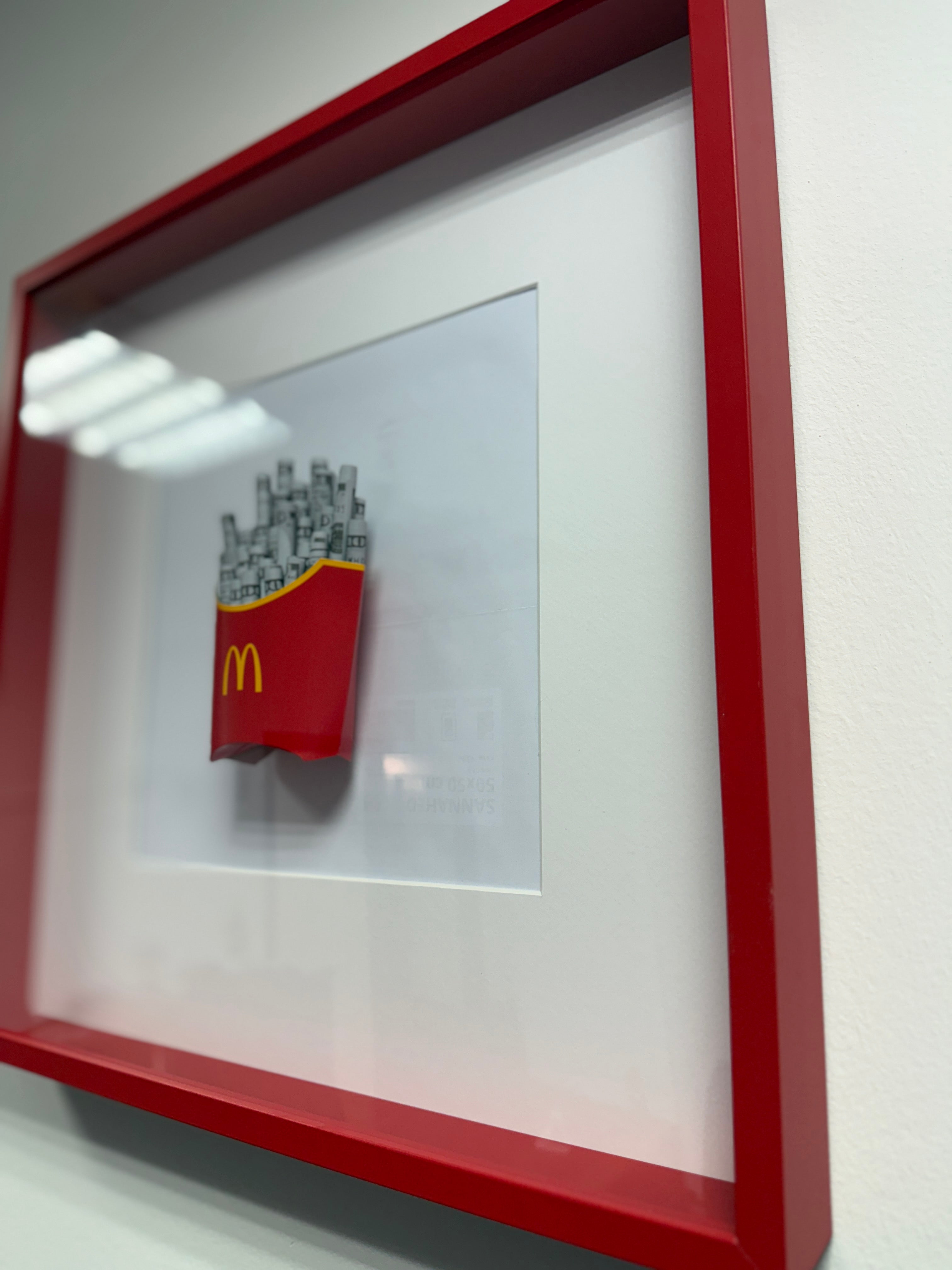 Angled view of object100™ Stay Hungry Frame in premium red wooden frame